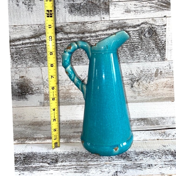 SOLD Turquoise Ceramic Decorative Pitcher 10” tall - Picture 3 of 4